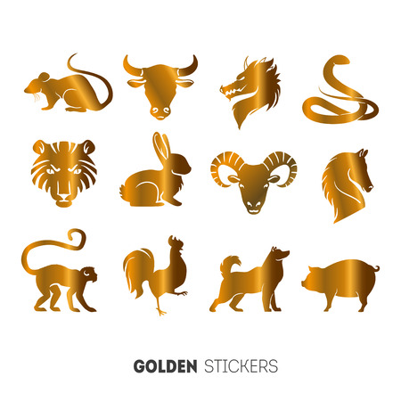Vector illustration of golden Animal horoscope year stickers, flash temporary tattoo.のイラスト素材