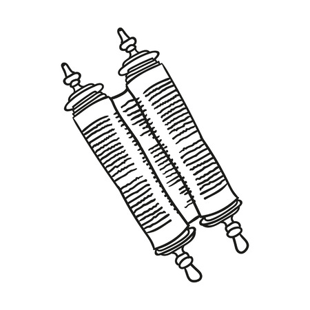 Vintage Roll of antique blank manuscript over white. Ancient scroll of the Law. contour doodle styleのイラスト素材