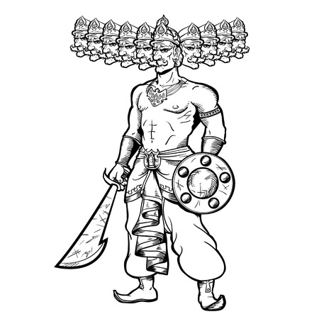 India God with ten goals. Ravana holding a sword and shield.のイラスト素材