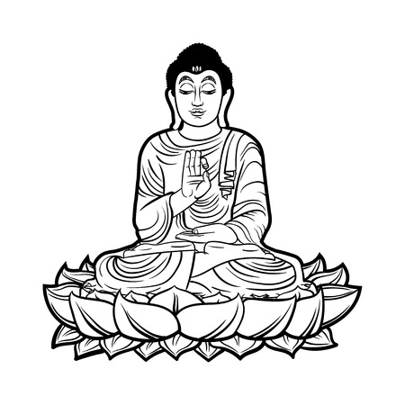 Buddha isolated on white. Esoteric vintage illustration. Indian, Buddhism, spiritual art. Hippie tattoo, spirituality, Thai god, yoga zen . Coloring book pages for adults.のイラスト素材