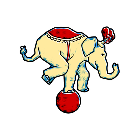 Circus trained wild animals performance isolated on white. Retro vintage style elephant balances on the ballのイラスト素材