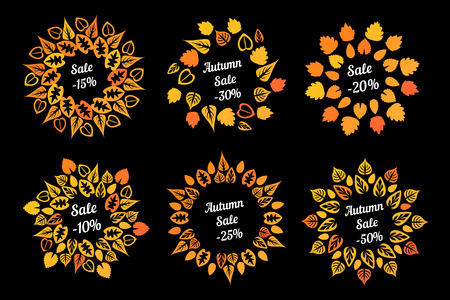 Circle frame of orange leaves isolated on black background. ECO autumn shopping sale. Nature set.のイラスト素材