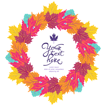 Bright circle frame with leaves and place for your text. ECO autumn Nature wallpaper. BIO designのイラスト素材