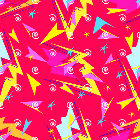 Abstract seamless pattern for girls, boys, clothes. Creative background with dots, geometric figures,stripes inscriptions. Funny wallpaper for textile and fabric. Fashion style. Colorful brightのイラスト素材