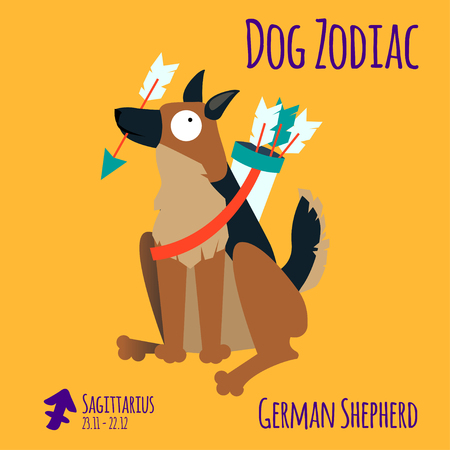 Illustration of a zodiac sign with a funny dog. German Shepherd Sagittariusのイラスト素材