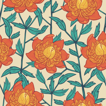Seamless abstract floral pattern with orange and red flowers for textile or interior design.のイラスト素材