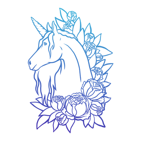 Magical cute unicorn illustration, cartoon fantasy animal. Coloring card and shirt art for girl isolated on white.のイラスト素材