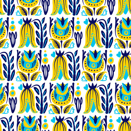 Hand Drawn pattern with summer flowers and herbs vintage Hohloma floral elements. Blue Yellow on whiteの写真素材