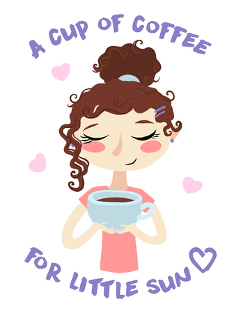 Hand drawn beautiful cute girl with cup of coffee in his hands. Shirt print Design.のイラスト素材