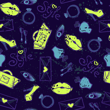 Abstract seamless vector pattern for girls clothes. Creative background with shoes, lipstick, perfume, lips. Funny wallpaper for textile and fabric. Fashion style. Colorful brightのイラスト素材
