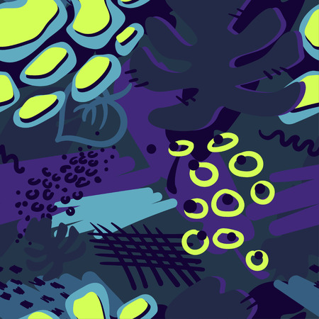 Abstract seamless vector pattern for girls, boys, clothes. Creative background with dots, Tropical figures Funny wallpaper for textile and fabric. Fashion style. Colorful brightのイラスト素材