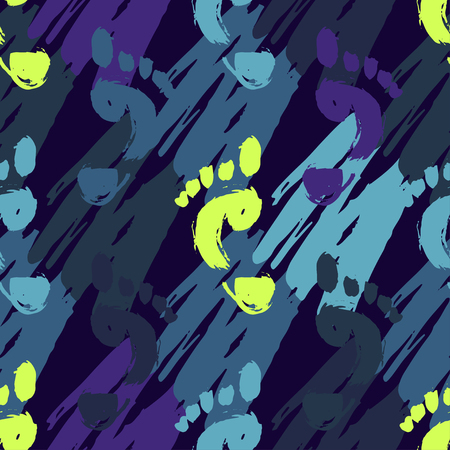 Abstract seamless vector pattern for girls, boys, clothes. Creative background with footprint, geometric figures Funny wallpaper for textile and fabric. Fashion style. Colorful bright.の写真素材