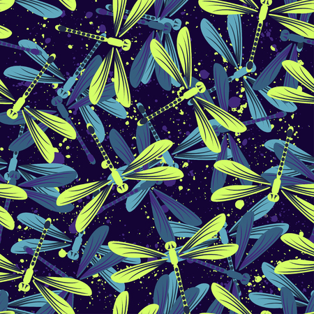 Hand drawn stylized dragonflies seamless pattern for girls, boys, clothes. Creative background with insect. Funny wallpaper for textile and fabric. Fashion style. Colorful bright.のイラスト素材
