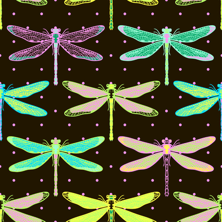 Hand drawn stylized dragonflies seamless pattern for girls, boys, clothes. Creative background with insect. Funny wallpaper for textile and fabric. Fashion style. Colorful bright.のイラスト素材