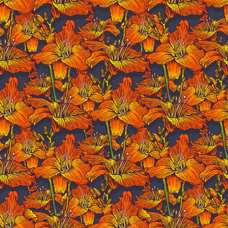 Floral seamless pattern with lily flowers and leaves. Botanical illustration hand painted. Funny wallpaper for textile and fabric swatch. Fashion style. Colorful bright wrapping paper.のイラスト素材