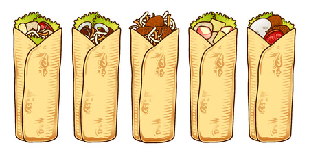 Mexican or Arabic Fast Food for your Menu Design. Kebab isoleted on white. Shaurma with different element food icon setのイラスト素材