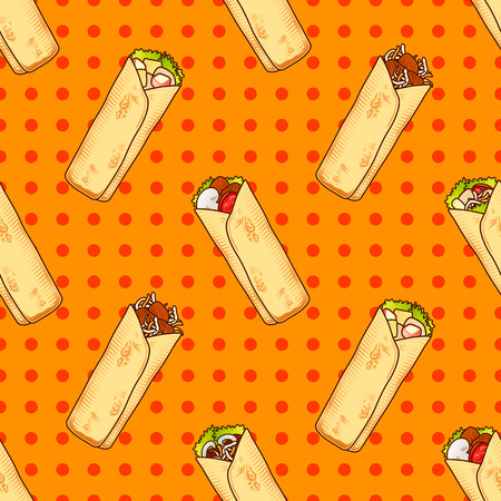 Food seamless vector pop pattern with Mexican or Arabic Fast Food Shaverma Kebab for girls, boys, clothes. Creative shaurma background. Funny wallpaper for textile and fabric. Fashion styleのイラスト素材