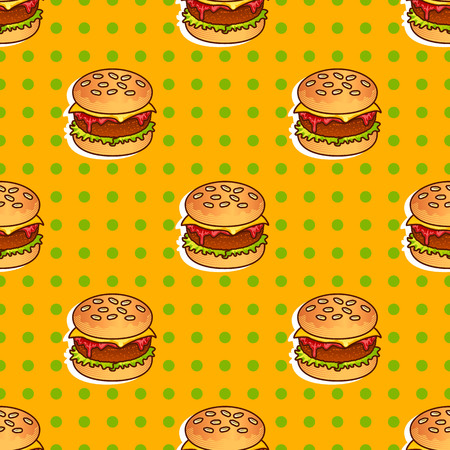 Food seamless vector pop pattern with burger for girls, boys, clothes. Creative background. Funny wallpaper for textile and fabric. Fashion styleのイラスト素材