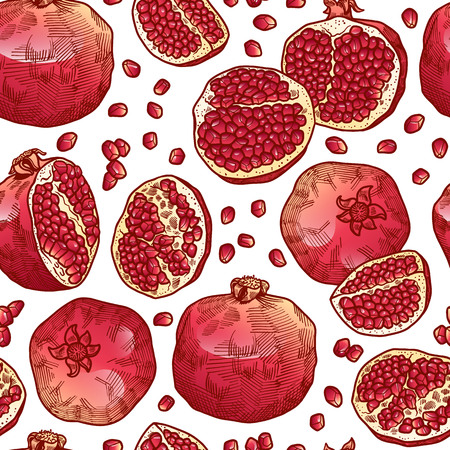 color hand drawn seamless vector pattern with pomegranate with seeds for girls, boys, clothes. Creative background with Doodle healthy food Funny wallpaper for textile and fabric. Fashion style.のイラスト素材