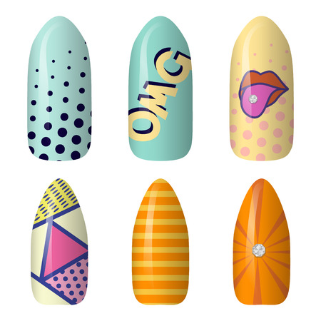 set of colored painted pop art nail stickers. manicure art. Neon nail polish. isolated on a dark background.のイラスト素材