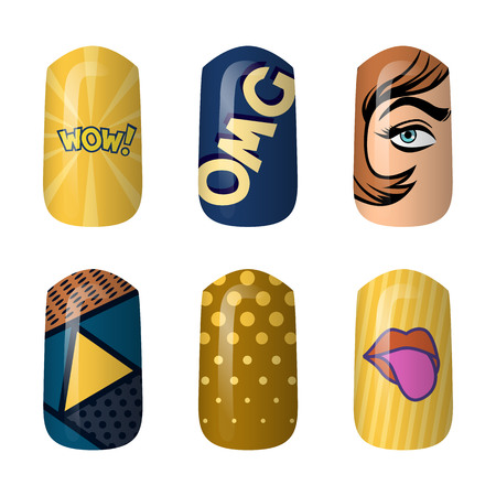 set of colored painted pop art nail stickers. manicure art. Neon nail polish. isolated on a dark background.のイラスト素材