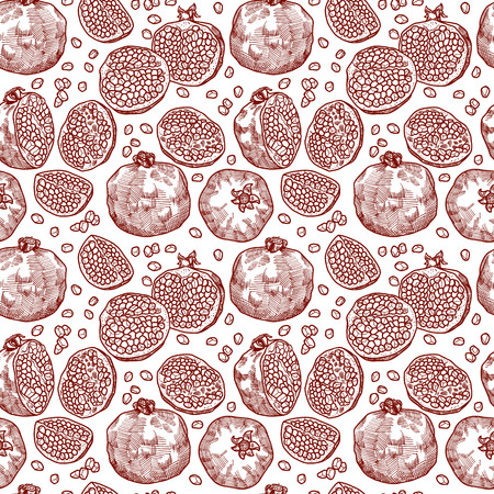 hand drawn seamless vector pattern with pomegranate with seeds for girls, boys, clothes. Creative background with Doodle healthy food Funny wallpaper for textile and fabric. Fashion style.のイラスト素材