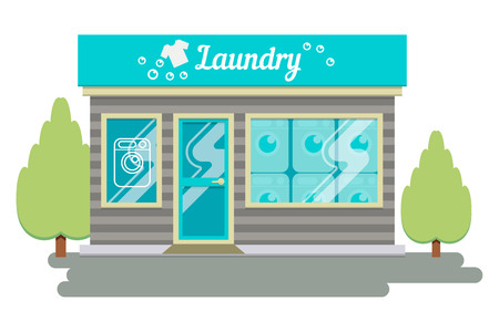 Facade Laundry Signboard With Emblem Awning And Symbol In