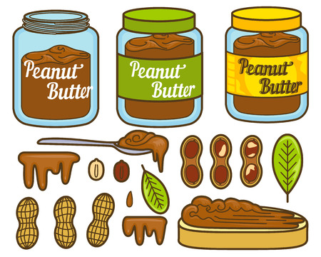 Peanut butter vector icon set. Cartoon illustration set of peanut icons for web design. Nuts emblems and labels isoleted on white backgraundのイラスト素材