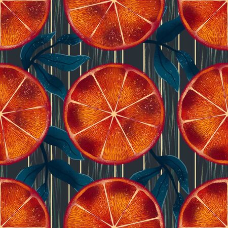 Oranges and tree branches summer color seamless pattern. Citrus twigs with leaves background. Grapefruit slices vintage texture. Botanical retro wallpaper, wrapping paper, textile designの写真素材