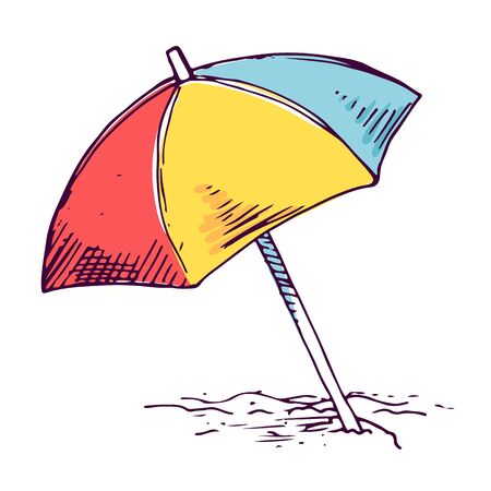 Sand beach umbrella color hand drawn illustration. Striped sun parasol isolated sketch clipart on white background. Sunshade doodle drawing. Summer holiday vacation and recreation design elementのイラスト素材