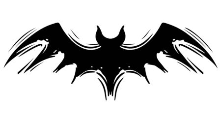 Bat with spread wings hand drawn silhouette illustration. Spooky flying flittermouse, creepy nocturnal creature monochrome grunge drawing. Halloween holiday, vampires superstition monocolor symbolのイラスト素材