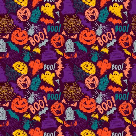 Halloween holiday chaotic hand drawn seamless pattern. October holiday symbols decorative texture. Jack lanterns tombstones, vampire bats and spooky ghosts. Wallpaper, textile, wrapping paper designのイラスト素材