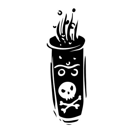 Dangerous potion in glass tube hand drawn illustration. Poisonous liquid with skull and crossbones warning sign silhouette. Boiling chemical reaction in lab glassware sticker on white backgroundのイラスト素材