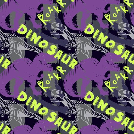 Jurassic period, dinosaur creative flat seamless pattern. Prehistoric animal hand drawn texture. Tyrannosaurus bones and footprints decorative backdrop. Wallpaper, textile, wrapping paper designのイラスト素材