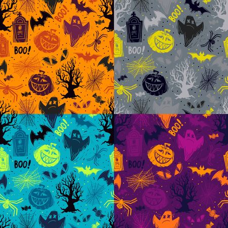 Abstract seamless halloween pattern for girls, boys, clothes. Creative background with dots, scary figures Funny wallpaper for textile and fabric. Fashion style. Colorful brightのイラスト素材