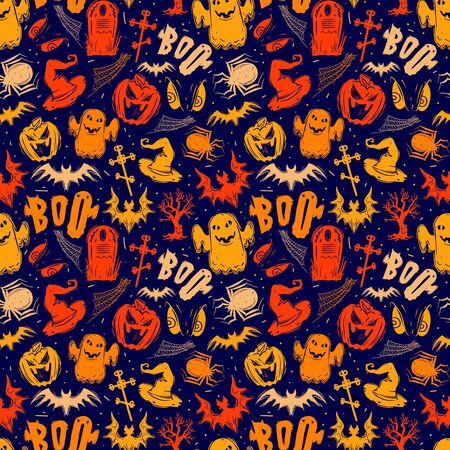 Abstract seamless halloween pattern for girls, boys, clothes. Creative background with dots, scary figures Funny wallpaper for textile and fabric. Fashion style. Colorful brightの写真素材