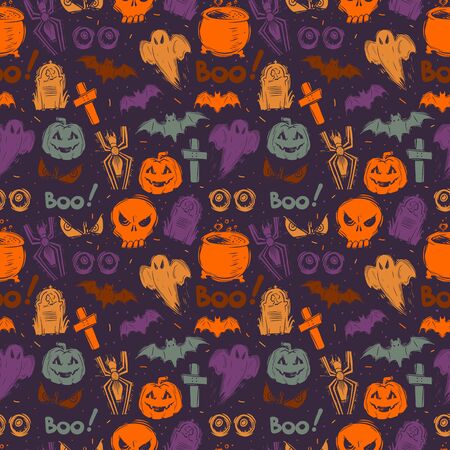 Abstract seamless halloween pattern for girls, boys, clothes. Creative background with dots, scary figures Funny wallpaper for textile and fabric. Fashion style. Colorful brightの写真素材