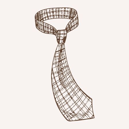 Stylish vintage checkered necktie hand drawn illustration. Trendy male neck accessory with pattern. Elegant neckcloth with knot monochrome ink drawing. Fashionable tie isolated on whiteのイラスト素材