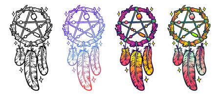 Dreamcatcher Abstract mystic symbol. Design for spiritual relaxation for adults. Black and white Illustration Isolated on white backgroungのイラスト素材