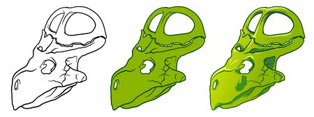 Hand Drawn Cartoon Illustration of Dinosaur Skull isolated on white background, paleontology symbol. Archeology Sticker. Line and color for coloringのイラスト素材