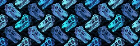 Hand Drawn Seamless pattern of Cartoon Dinosaur Skull for girls, boys, clothes. Funny aleontology...