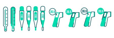 different medical thermometer with high and normal temperature Line icons set for web design isolated on white backgroundのイラスト素材