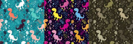 Hand Drawn Seamless pattern of Cartoon Dinosaur for girls, boys, clothes. Funny aleontology wallpaper for textile and fabric. Paleontology styleのイラスト素材