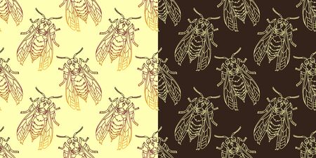 Wasps in black color. Wasp pattern. Seamless vector pattern with insects, symmetrical background with wasps in black color isolated on orange backgroundのイラスト素材