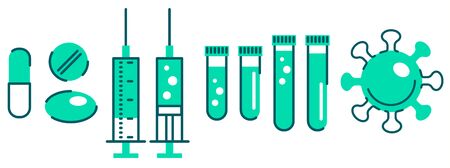 Medical syringe with blue substance flat illustration. Medical pills, vitamins and painkillersのイラスト素材