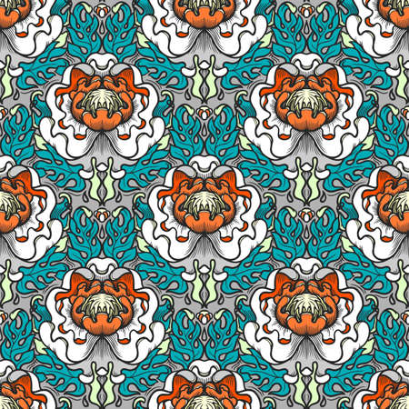 Flower branches with flowers vintage color seamless pattern. Japanese floral retro texture. Blooming spring tree on green background. Botanical wallpaper, wrapping paper, textile designのイラスト素材