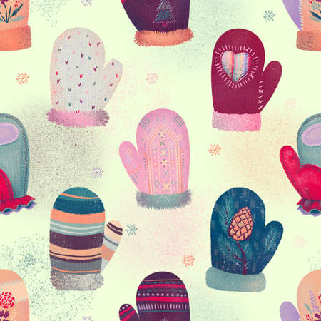Seamless Winter Holidays Pattern with Mittens Gloves and Snowflakes new year Backgroundの写真素材