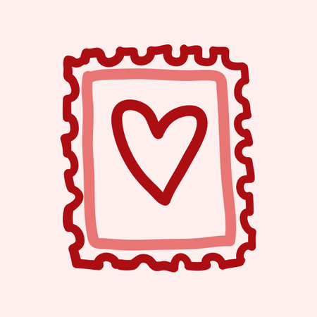 Valentines Day theme doodle Vector icon of hand drawn mail postage stamp with heart shape isolated on a pink. Hand drawn line illustrationのイラスト素材