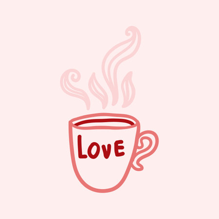 Valentines Day theme doodle Vector icon of hand drawn cup of tea of coffee with text love on a pink background.のイラスト素材