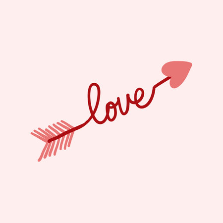 Valentines Day theme doodle Vector icon of hand drawn arrow with heart shape on a pink background.のイラスト素材
